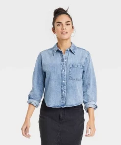 Women's Long Sleeve Collared Cropped Button-Down Shirt - Universal Thread™ Indigo -Universal Thread Shop GUEST 539b80ce 5c85 4dd8 977f 2f948d012094 1