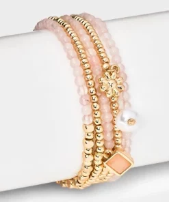Beaded Stretch Charm Bracelet w Semi Precious Rose Quartz Set 5pc - Universal Thread™ Gold/Pink