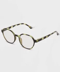 Women's Tortoise Print Shiny Plastic Round Blue Light Filtering Glasses - Universal Thread™ Green
