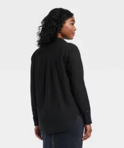 Women's Linen Long Sleeve Collared Button-Down Shirt - Universal Thread™ Black