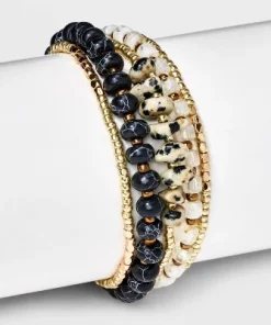 Mixed Semi-Precious Black Howlite Cylinder Beaded Bracelet Set 5pc - Universal Thread™ Gold/Black